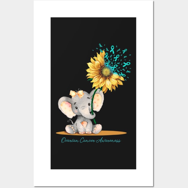 Ovarian Cancer Awareness Cute Elephant Sunflower Teal Wall Art by ShariLambert